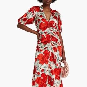 GANNI Ruched floral-print stretch-silk satin midi dress Size 42/US 12